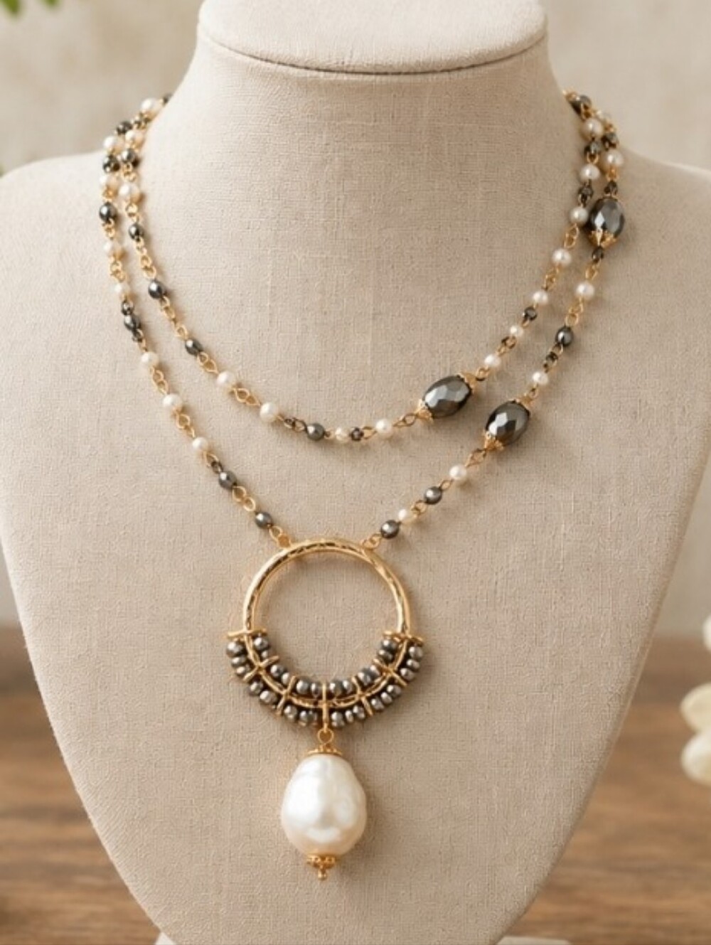 PLUNDER Brand Faux Iridescent White Pearl Gold Tone Hematite Faceted Stones NWOT